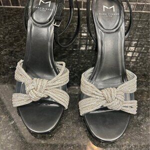 NIB Marc Fisher Black Satin Sandals With Rhinestone Knot Sandals Size 9M